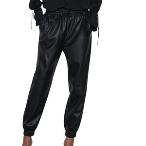 Zara Faux Leather Jogger Pants Black Elastic Waist Drawstring Hem Streetwear
